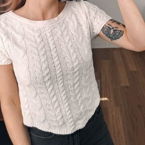 Free People White Cable Knit Short Sleeve Top